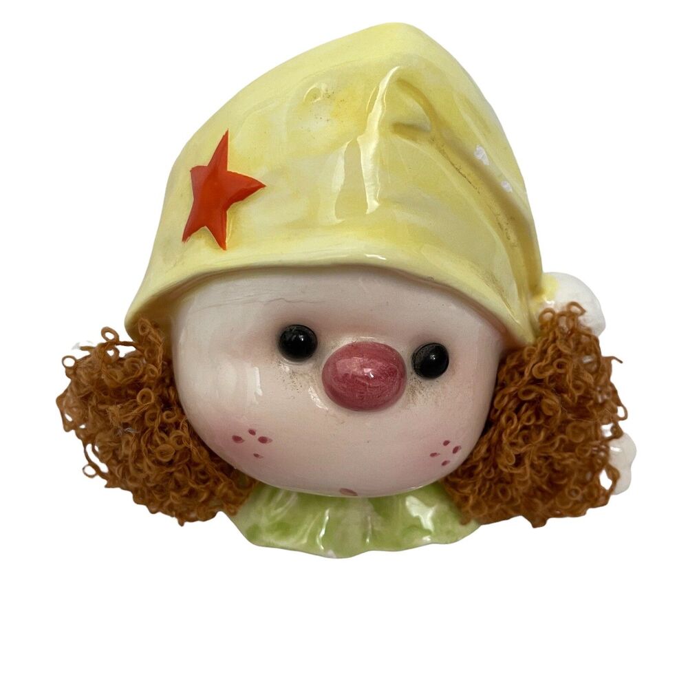 Vtg Ardco Japan Planter Girl Head Vase Clown Yarn Hair Yellow Hat Green Collar
